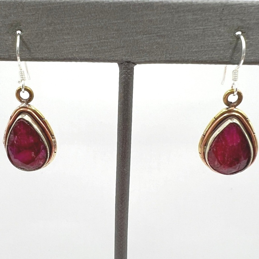 Artisan Pierced Earrings Mixed Metal Faceted Pink Stones‎ Teardrop Dangle Drop